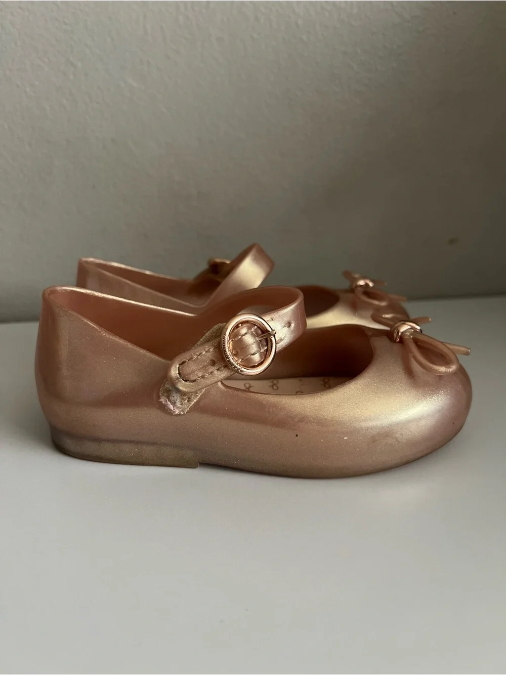Mini Melissa Metallic Rose Gold Sweet Love Mary Jane Jelly Flats Bow 8